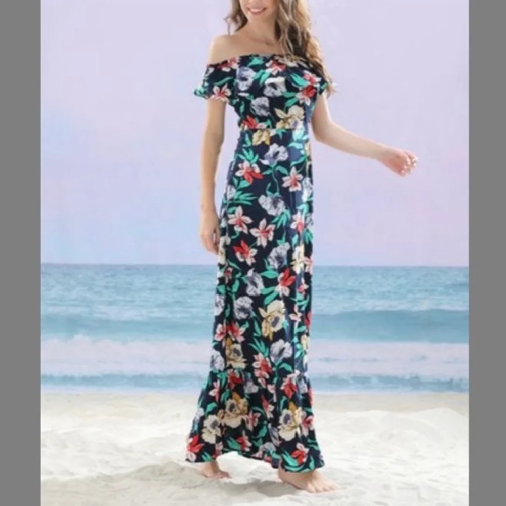 Z Avenue USA Navy Floral Off-Shoulder Maxi Dress Size S
